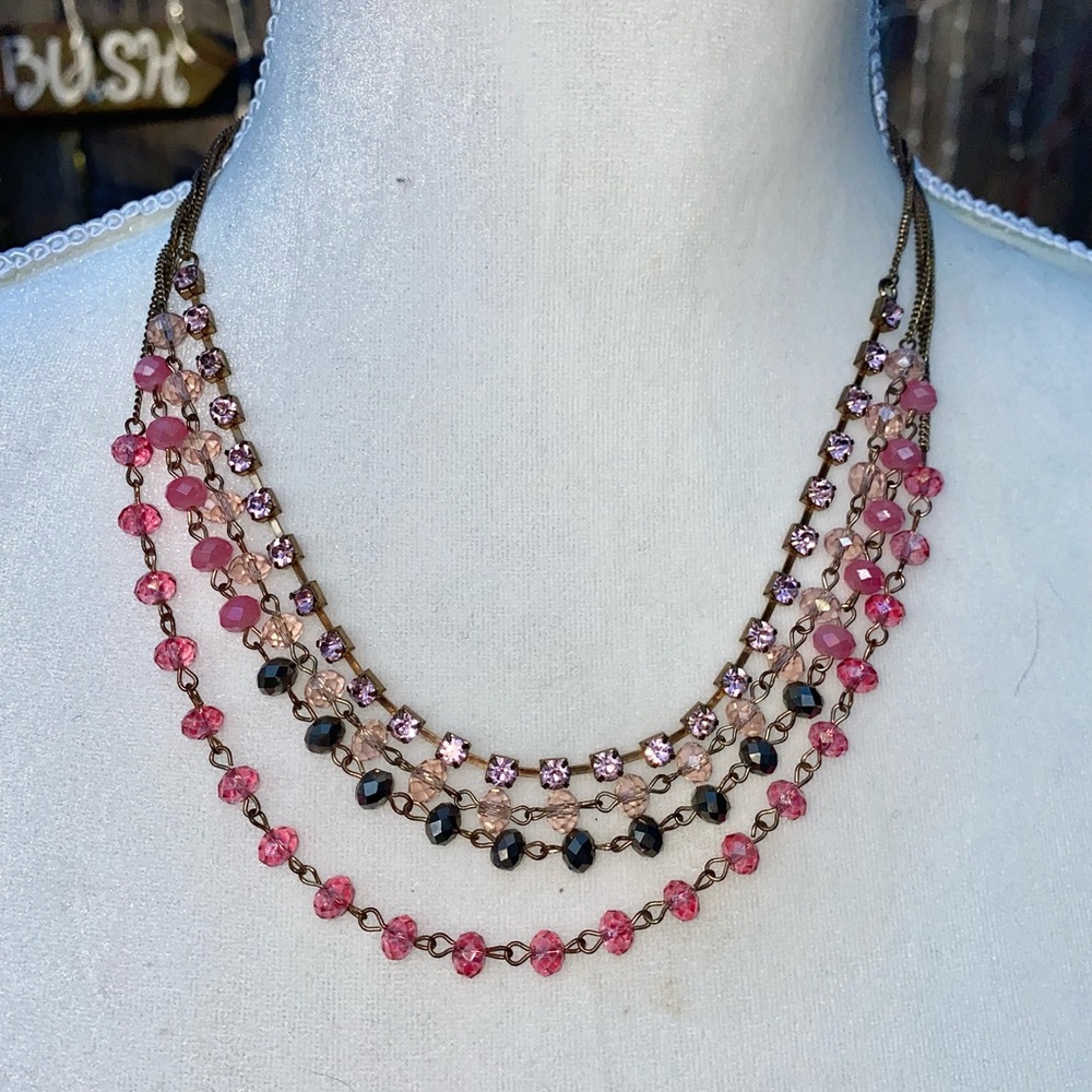 Vintage Ali Khan New York Pink Rhinestone Crystal Multi Strand Necklace